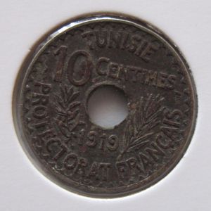 Монета Французский Тунис 10 сантимов 1919 VF-