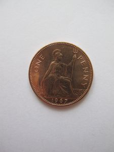 Монета Великобритания 1 пенни 1967 ЕЛИЗАВЕТА II UNC